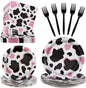 100 Pcs Disposable Pink Cow Print Tableware Set by Unknown