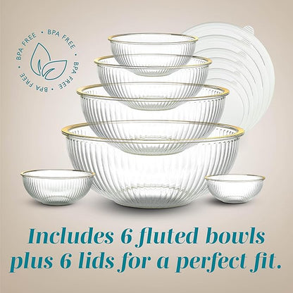 COOK WITH COLOR 12 Pc Glass Mixing Bowl Set with Lids – Borosilicate Glass Nesting Bowls for Cooking, Baking and Meal Prep, Fluted with Gold Rim