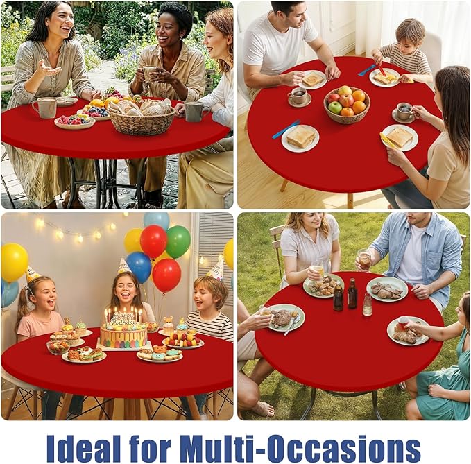 Round Spandex Christmas Tablecloth 2 Pack, Elastic Fitted Waterproof Tablecloths for 36"-44" Tables, Stretch Washable Picnic Table Cover for Camping, Dining, Indoor and Outdoor, Red