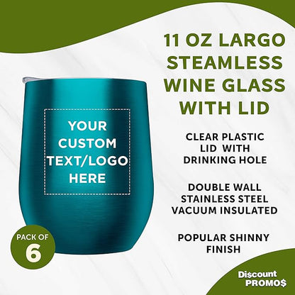 Custom Stemless Wine Glass Tumblers with Lids by Largo 11 oz. Set of 6, Personalized Bulk Pack - Perfect for Wine, Cocktails, Other Hot & Cold Beverages - Teal