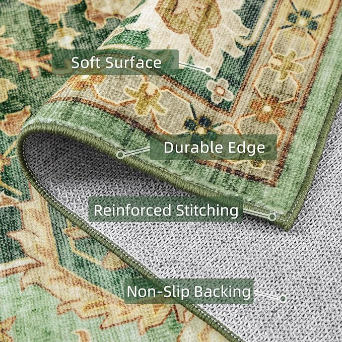 Green Rugs for Bedroom Area Rugs 7x9 Washable Rugs Boho Vintage Oriental Large Foldable Faux Wool Carpet for Living Room Nursery Room Dorm Kids Playroom Home Office