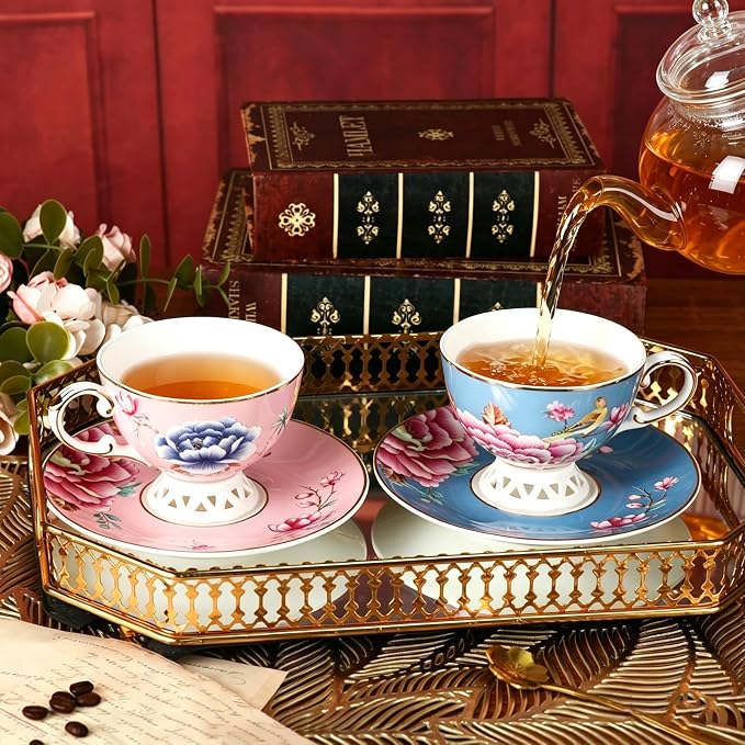 KAMMAK Tea Cups and Saucers Set of 2, Fine Bone China Coffee Cups, GH019 | - Image 5