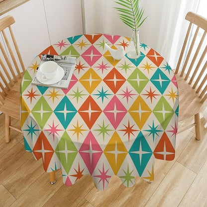 Abstract Geometric Round Tablecloth, Mid Century Retro Abstract Vintage Tablecloth for Home Party Dining Room Kitchen Decor 60Inch(152cm)