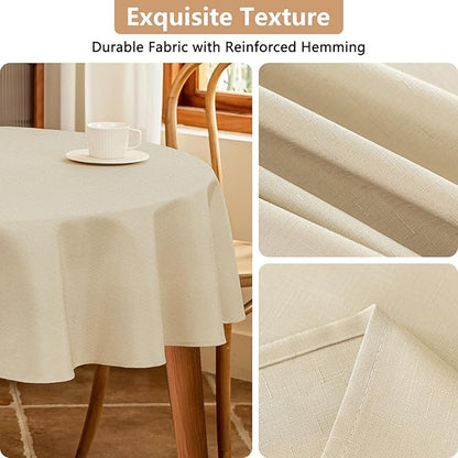 Water Resistant 60 Inch Beige Round Table Cloth, Textured Wipeable Round Tablecloth, Anti-Scratch Faux Linen Fabric for Card Table Dining Room Kitchen Patio