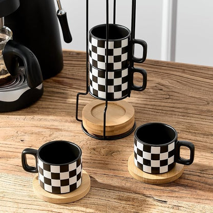 LUKA Porcelain Stackable Black and White Checkered Espresso Cups - Image 7