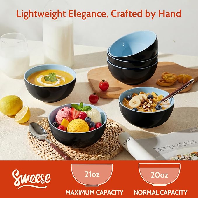 Sweese Porcelain Bowls Set of 6, 20oz Lightweight Round Cereal Bowls Set - Image 3