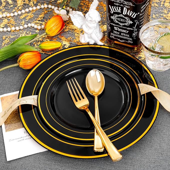 bUCLA 150 Pieces Black and Gold Disposable Dinnerware Set - Image 6