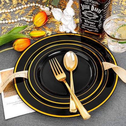 bUCLA 150 Pieces Black and Gold Disposable Dinnerware Set - Image 6