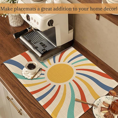Vintage Sun Retro Swirl Placemats Set of 6 Place Mats for Kitchen Table Washable Farmhouse Linen Table Mats Dining Decoration 12x18 Inch