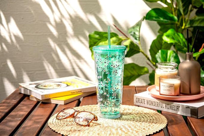 bzyoo 24oz Plastic Tumbler Cup, Lid & Straw, Iced Coffee Floral Mint | Double - Image 5