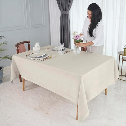 D'Moksha Homes Light Natural Linen Tablecloth 60 x 120 Inch - 100% Pure Linen Hemstitch Tablecloth for Rectangle Tables - Classic Hemstitch, Machine Washable Table Cloth for Valentines, Easter