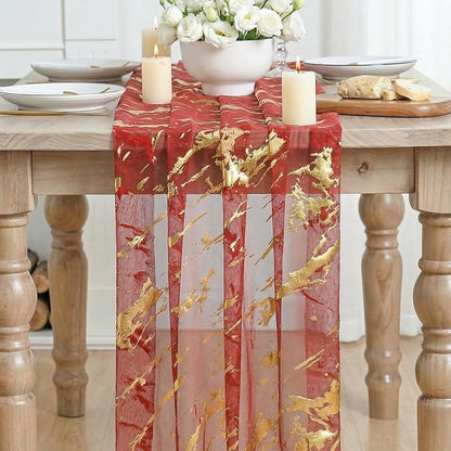 Artoid Mode Marble Pattern Red Gauze Table Runner 10FT, Glitter Metallic Foil - Image 2
