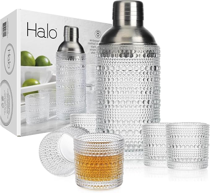 Glaver's Cocktail Shaker Set, Glass 15.2 oz Shaker, 6 Hobnail Shot Glasses - Image 5