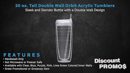 DISCOUNT PROMOS Tall Orbit Acrylic Tumblers 20 oz. Set of 10, Bulk Pack - Perfect for Iced Coffee, Soda, Other Hot & Cold Beverages - Clear