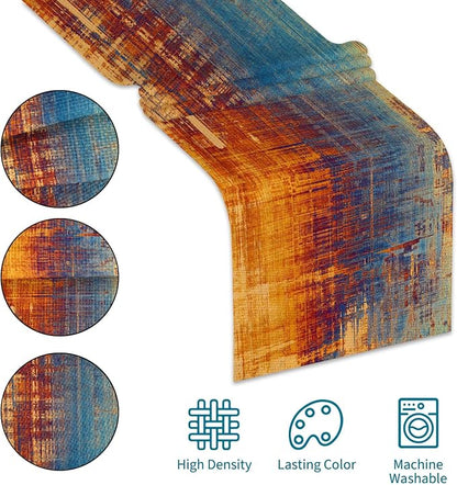 Orange and Blue Table Runner Modern Abstract Messy Rust Painting Linen Dresser - Image 5
