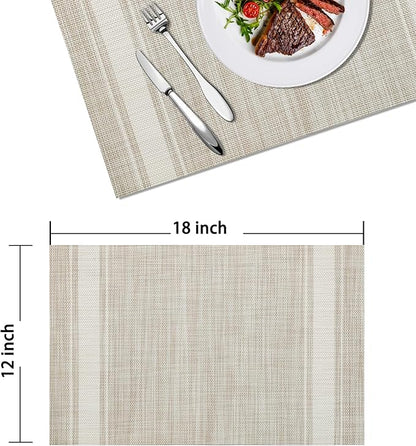 Placemats Set of 4 Vinyl Washable Linen ColorPlacemats, 18"x12" Wipeable Heat-Resistant Non-Slip Easy Clean Table Mats Ideal for Dining Table Table Runner and Outdoor(4, Linen Wide Stripe)