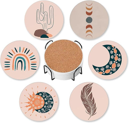 Drink Coasters for Drinks Set of 6, Boho Art Absorbent Round Ceramic Stone Mat Coaster, with Cork Base and Metal Holder, Home Bar Decor House Warming Gift