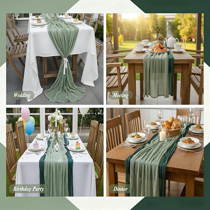Cheesecloth Table Runner 6 Pack Sage Green and Dark Green, Boho Gauze Table - Image 4