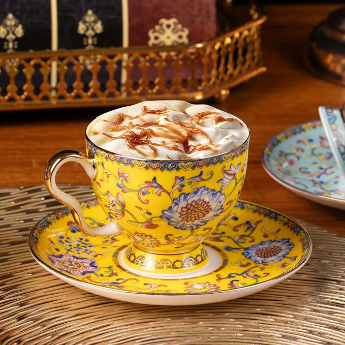 KAMMAK Tea Cup and Saucer, Ceramic Coffee Cups, 7.4 oz, Afternoon Tea and - Image 5