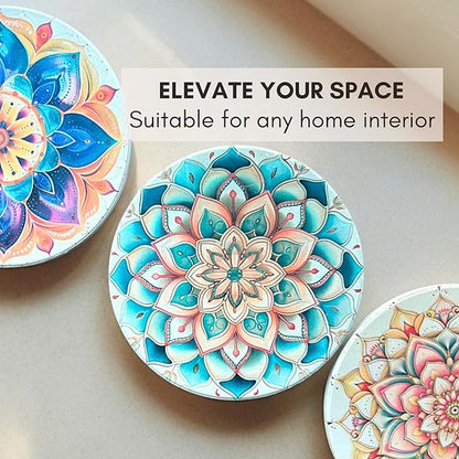 Ceramic Absorbent Coasters Set of 6 with Holder, Marble Drink Coasters for Coffee Table, Water-Absorbing Stone Coasters (Boho Mandala Design)