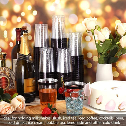 Patelai 100 Pcs Black Plastic Cups 12 oz Black Rimmed Plastic Cups Heavy Duty Disposable Wine Glasses Clear Cocktail Glasses Drinking Tumblers for Party Wedding Christmas Birthday
