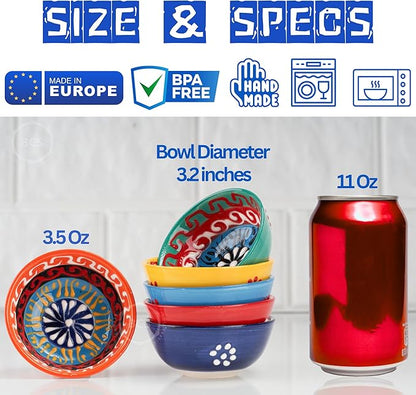 BCS Ceramic Salsa Bowls Set of 6 Small Pinch Bowls for Dipping, Cooking Prep & Charcuterie Board, Soy Sauce Dish, Multicolor Handmade Decorative Mini Serving Dishes Dishwasher Safe (3.2''-3 oz)