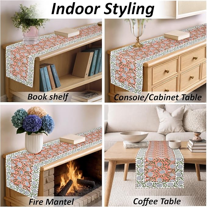 Dark Salmon Hand Block Print 100% Cotton Table Runner 16x90 Inch | Perfect - Image 6