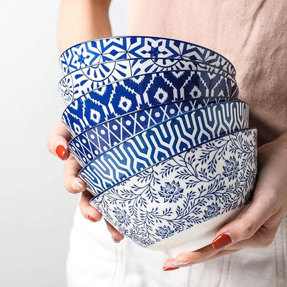 Selamica Blue and White Porcelain 20oz Cereal Bowl Set - Set of 6, 6 inch Soup Bowls, Ceramic bowls for Cereal, Soup, Salad and Pasta, Vintage Blue