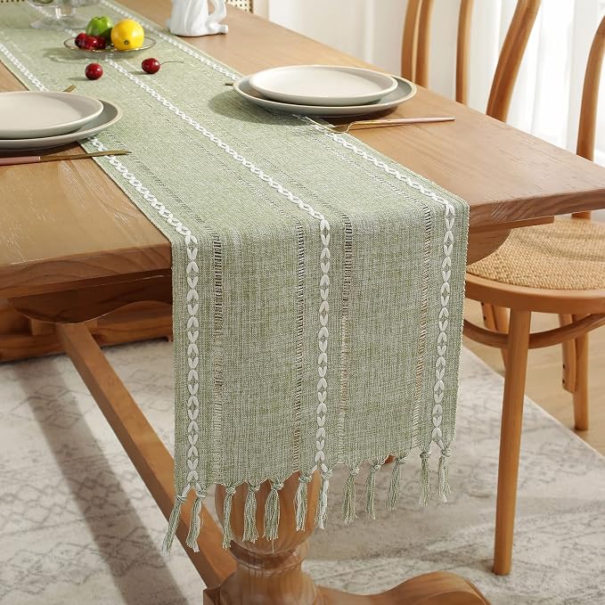 Wracra Rustic Linen Table Runner, Sage Green Table Runners 36 inches Long | - Image 6