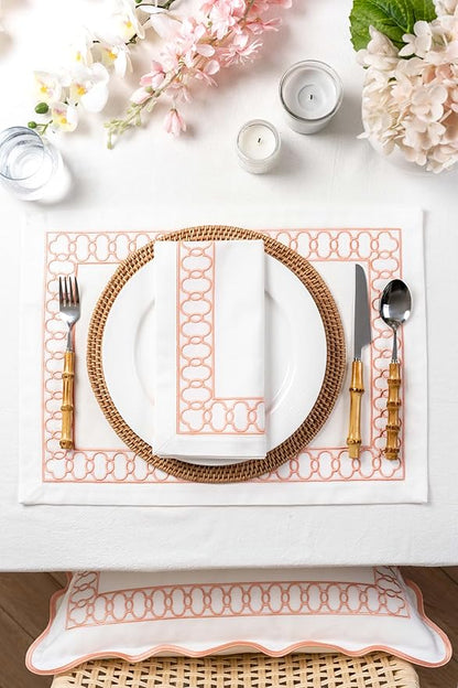 Hofdeco Premium Coastal Patio Indoor Outdoor Placemat Set of 4, 14"x19" Double-Layered, Waterproof Cloth Placemat for Kitchen or Dining Table. Blush Pink Embroidered Frame