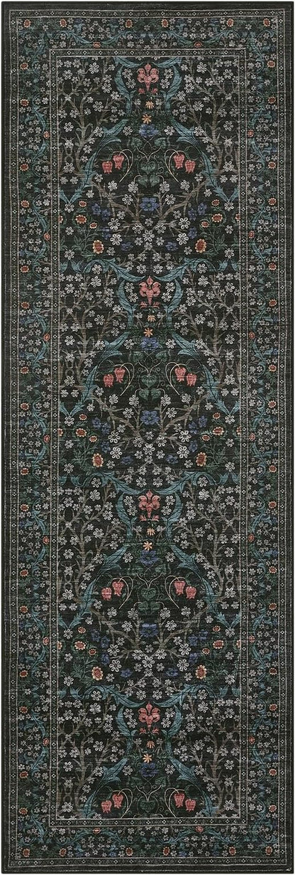 GarveeHome Washable Kitchen Runner Rug, Floral 2x6 Rug for Hallway Non Slip Stain Resistant, Ultra-Thin Boho Soft Hallway Rug Botanical Carpet for Entryway, Laundry Room, Bathroom Dark Black