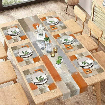 Emvency Table Runner and Placemats Set of 6, Farmhouse Modern Painting | Orange - Image 5