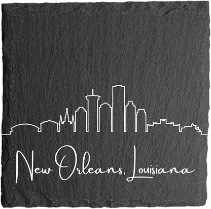 Blue Ridge Mountain Gifts - New Orleans LA Skyline Coasters, Set of 4 - New Orleans Louisiana Souvenir, Slate Coasters with Minimalist Skyline, Housewarming Gift for Friends, Family, & Neighbors