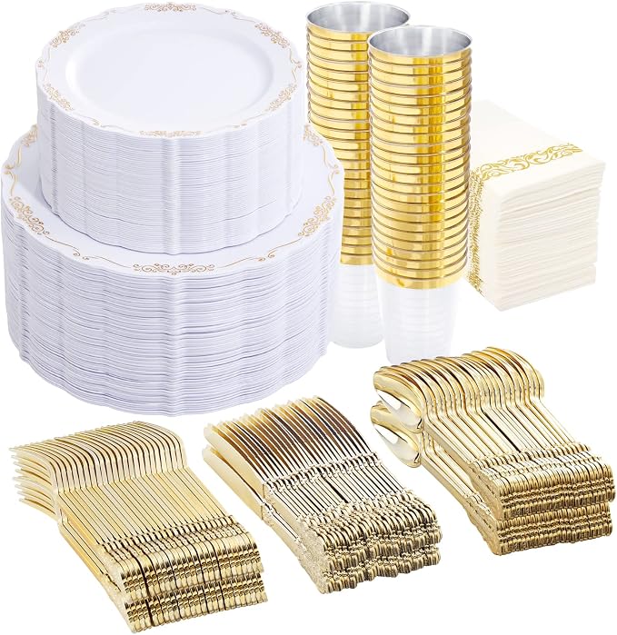 LIYH 350 Pcs Gold Plastic Dinnerware Set, 10 oz Cups by LIYHLoveinyourheart