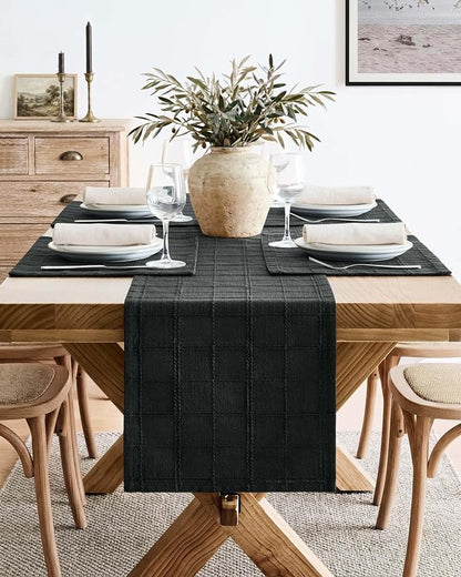 Linen Checked Farmhouse Table Runner, 13x48 Inches Black | Raised Grid Design - Image 2