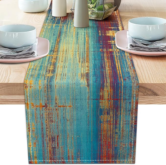 Small Table Runner Vintage Abstract Blue and Orange Table Runner Messy Rust by AILUER