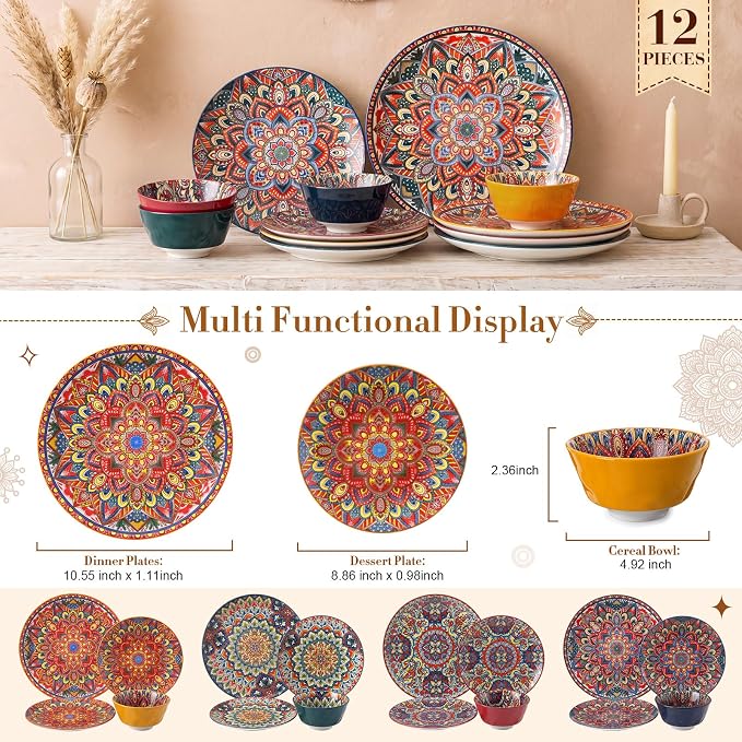 12 Pieces Ceramic Dinnerware Sets Porcelain Plates and Bowls Set Service - Image 2