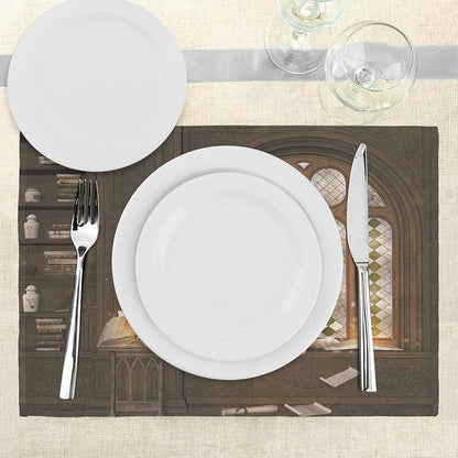 Ambesonne Gothic Place Mats Set of 4, Room for Study in The Medieval Library Cat Sleeping on Window Antique Mansion Print, Washable Fabric Placemats for Dining Table, Standard Size, Taupe