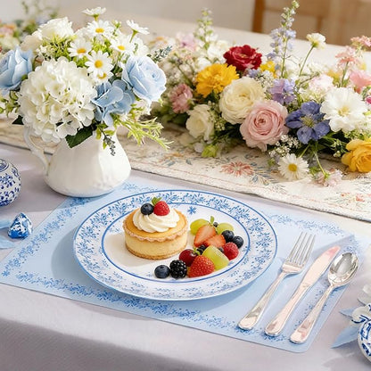 60 PCS Blue Floral Plastic Plates - Image 5