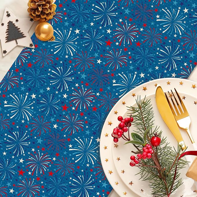 4July Blue Firework Burlap Table Runner Seasonal Spring Fall Kitchen Dining - Image 3