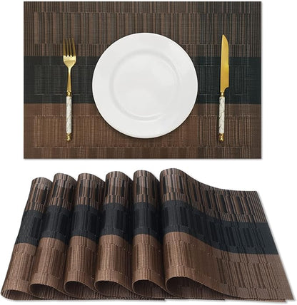 HeloHo Brown Black Placemats Set of 6 Washable Placemats Vinyl Woven Table Mats Wipeable Placemat for Kitchen Dining Table Decoration Indoor Outdoor