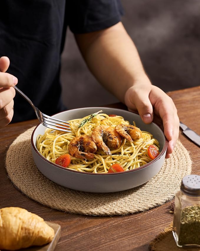 famiware Mercury Pasta Bowls Set of 8, 33 oz Large Salad Bowls, Light Gray | - Image 7