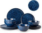 Plates and Bowls Sets, 12 Pieces Dark Blue Dinnerware Sets for Kitchen, Reactive Glaze Dishes Set for 4, Dishwasher and Microwave Safe, Series Starflecked Shore(Dark Blue)