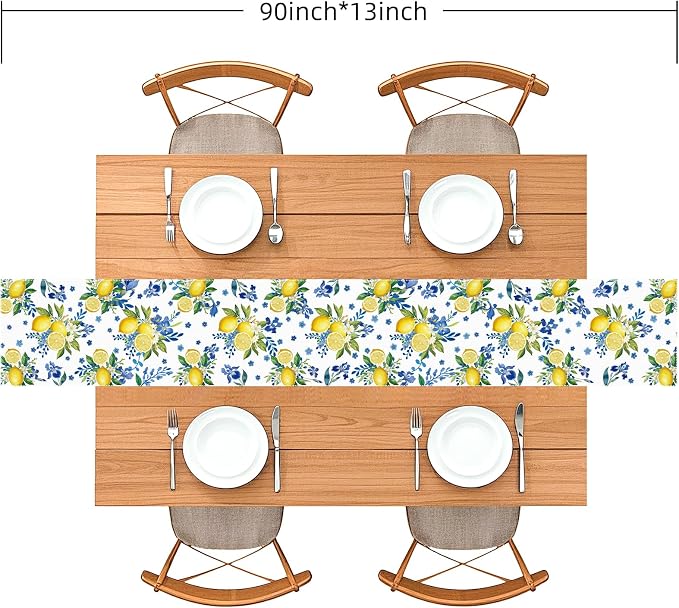 Lemon and Blue Floral Table Runner, 90 x 13 inches, Easy Care Machine Washable - Image 5