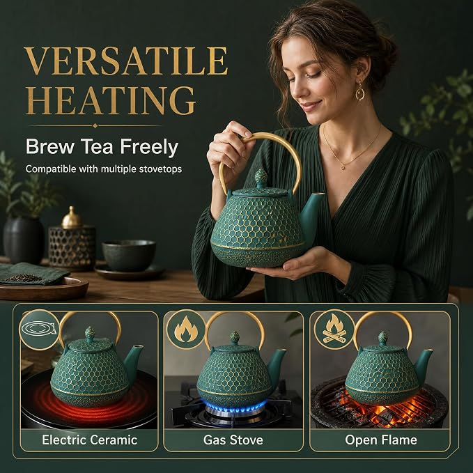YJX 54oz Cast Iron Tea Kettle for Stovetop, Enameled Interior, Heavy and Durable - Image 9