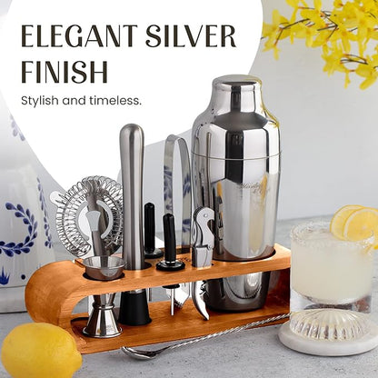 Mixology & Craft Cocktail Shaker Set with Bamboo Stand - Professional 10-Piece Bartender Kit - Complete Bar Set & Cocktail Mixer Kit for Home (Silver)