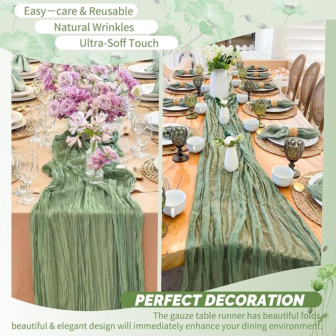 Showgeous 4 Pack Sage Green Cheesecloth Table Runner, 17 x 108 Inches | Boho - Image 6