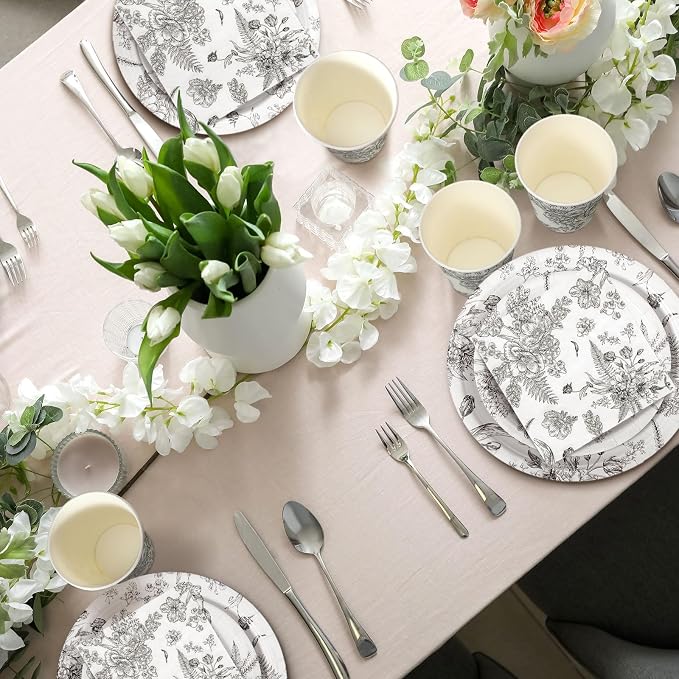 250 Pcs Black Disposable Plates and Napkins Floral Tableware Set - Image 7