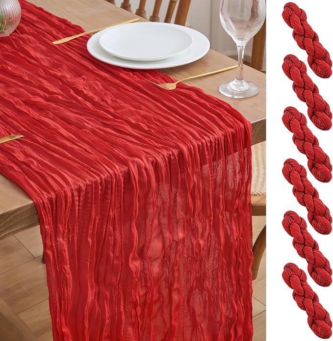 Asee'm 6pcs Red Cheesecloth Table Runner Christmas 10FT Boho Rustic Gauze | by Aseem