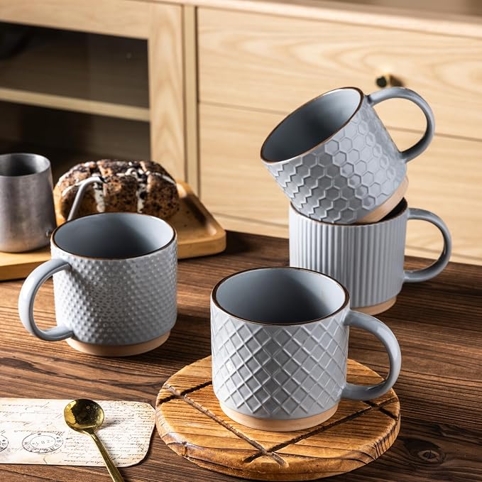 GBhome 12 OZ Stackable Coffee Mugs Set of 4, Ceramic Coffee Cups Set | 4 - Image 5